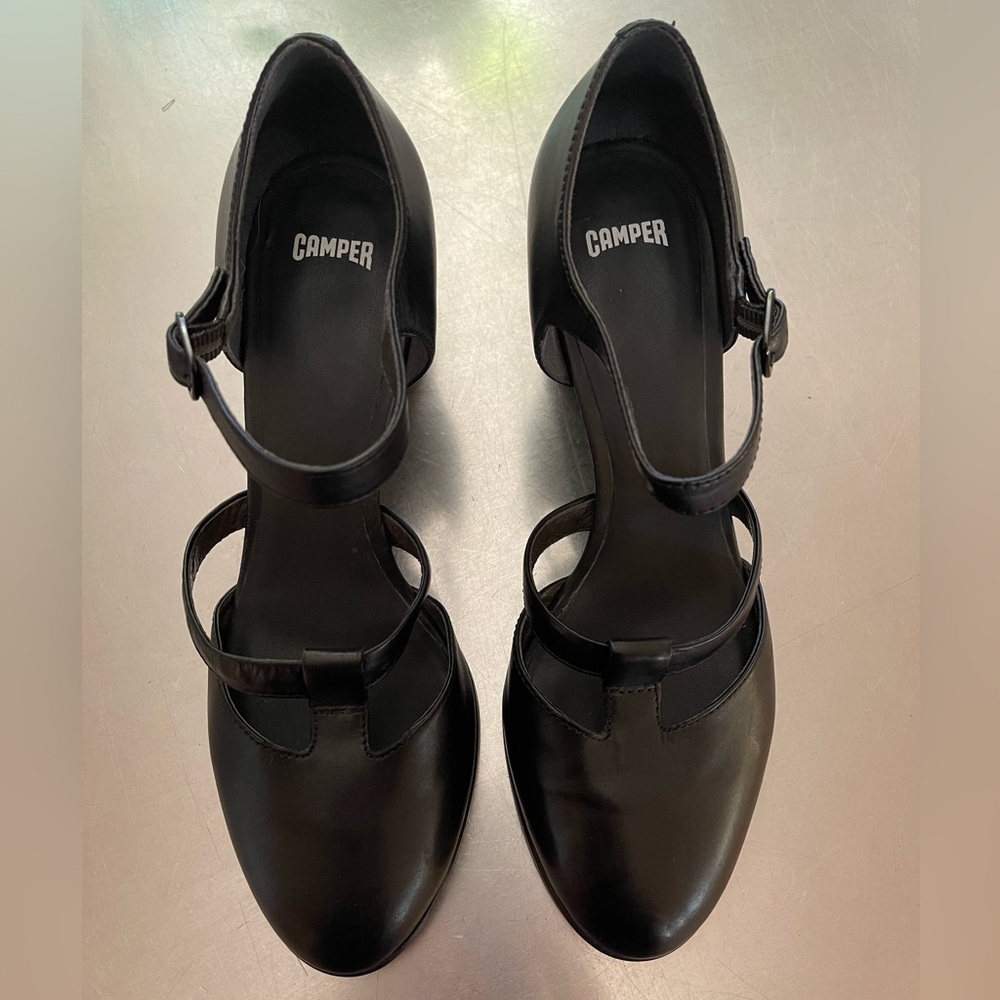Camper brand black leather block heels, size 40